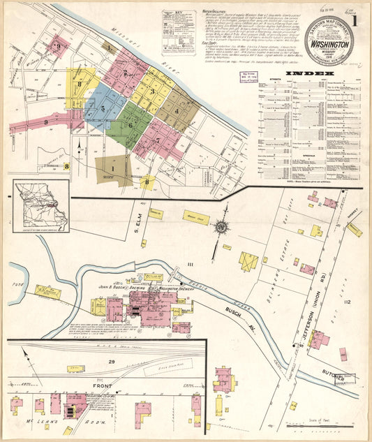 Sanborn Fire Insurance Map from Washington, Franklin County, Missouri (1916), Sheet #0001 - Historic Sanborn Fire Insurance Map Print, vintage old map wall art, antique decor, genealogy gift, Washington Washington map