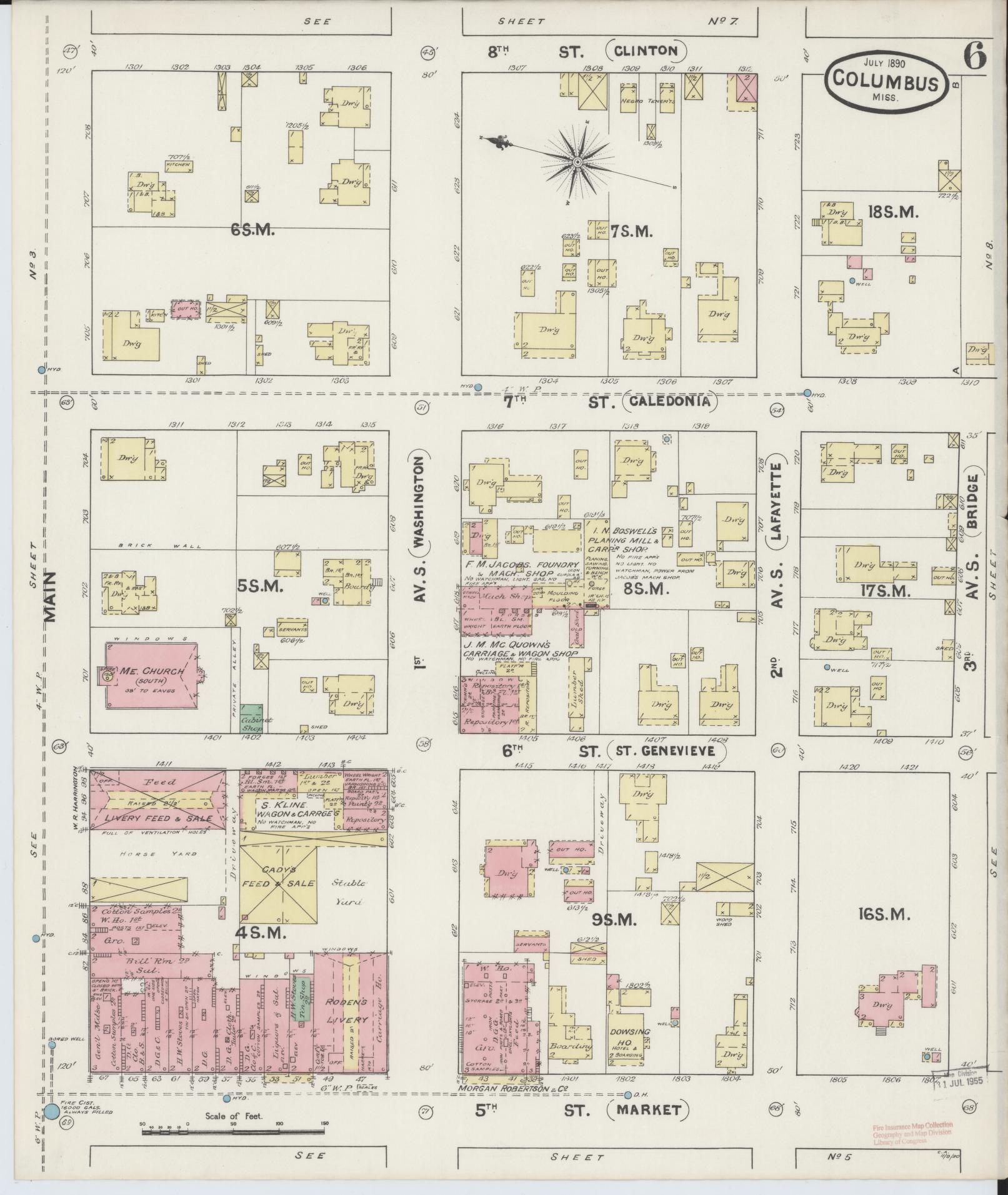 Sanborn Fire Insurance Map from Columbus, Lowndes County, Mississippi (1890), Sheet #0006 - Complete Map Set gallery image, historic Sanborn map, vintage wall art, Mississippi Mississippi