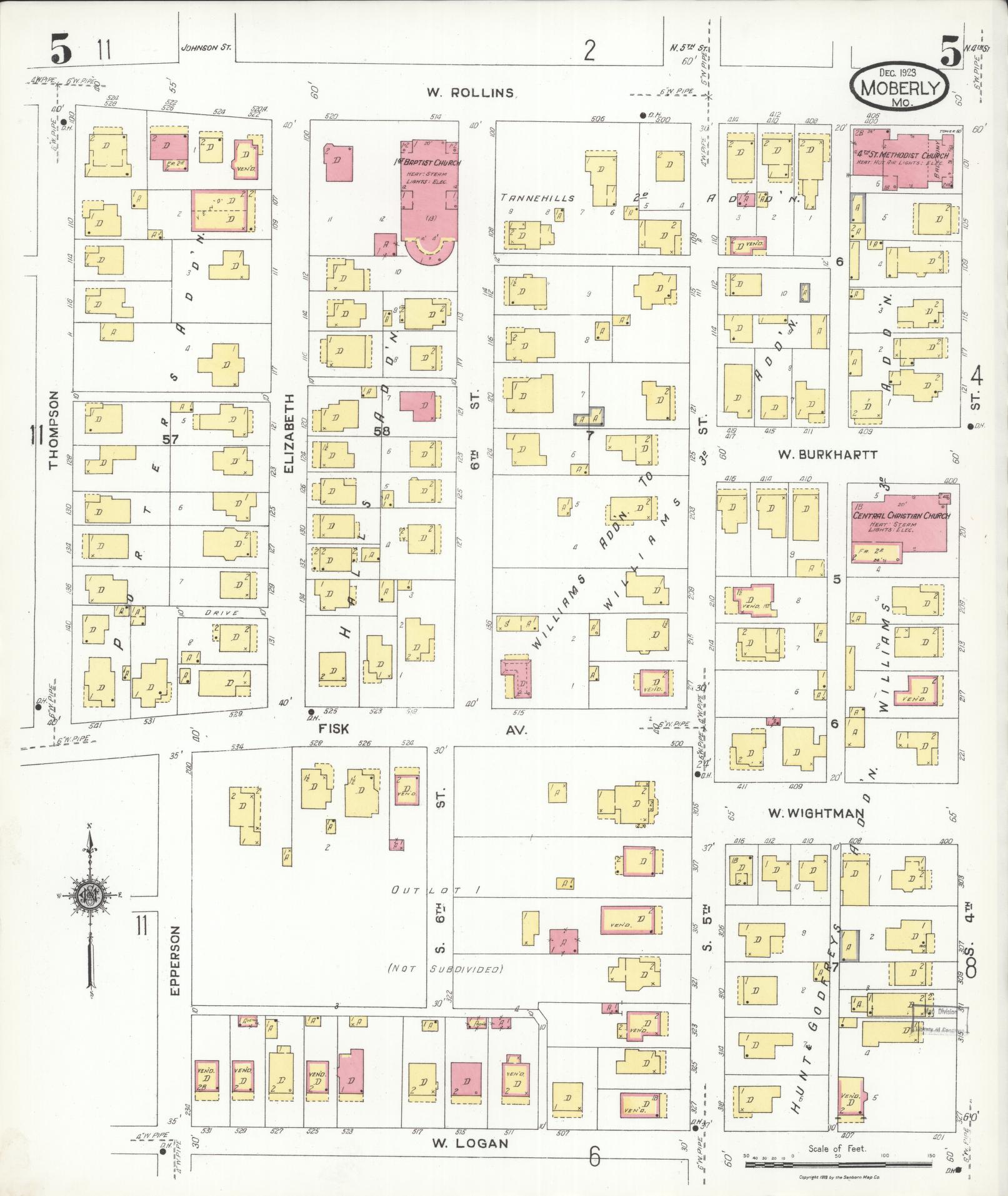 Sanborn Fire Insurance Map from Moberly, Randolph County, Missouri (1923), Sheet #0005 - Historic Sanborn Fire Insurance Map Print, vintage old map wall art, antique decor, genealogy gift, Missouri Missouri map