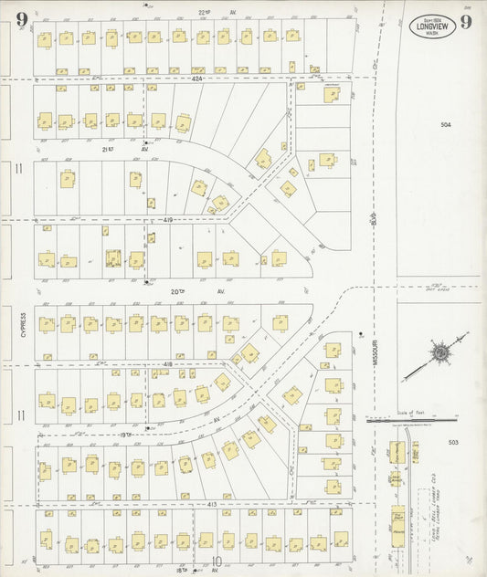 Sanborn Fire Insurance Map from Longview, Cowlitz County, Washington (1924), Sheet #0009 - Historic Sanborn Fire Insurance Map Print, vintage old map wall art, antique decor, genealogy gift, Washington Washington map