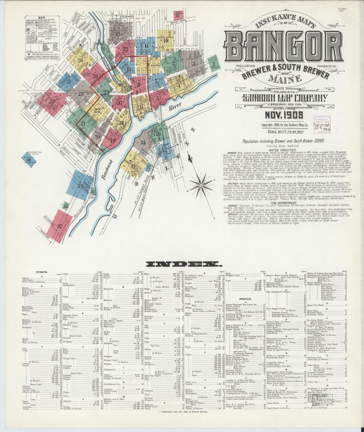 Sanborn Fire Insurance Map from Bangor, Penobscot County, Maine (1908), Sheet #0001 - Historic Sanborn Fire Insurance Map Print, vintage old map wall art, antique decor, genealogy gift, Maine Maine map