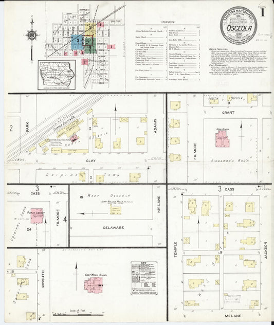 Sanborn Fire Insurance Map from Osceola, Clarke County, Iowa (1913), Sheet #0001 - Historic Sanborn Fire Insurance Map Print, vintage old map wall art