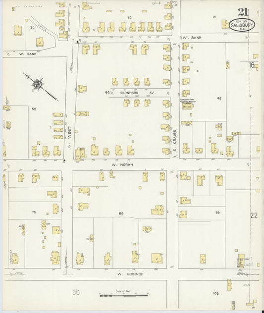 Sanborn Fire Insurance Map from Salisbury, Rowan County, North Carolina (1913), Sheet #0021 - Historic Sanborn Fire Insurance Map Print, vintage old map wall art, antique decor, genealogy gift, North Carolina North Carolina map