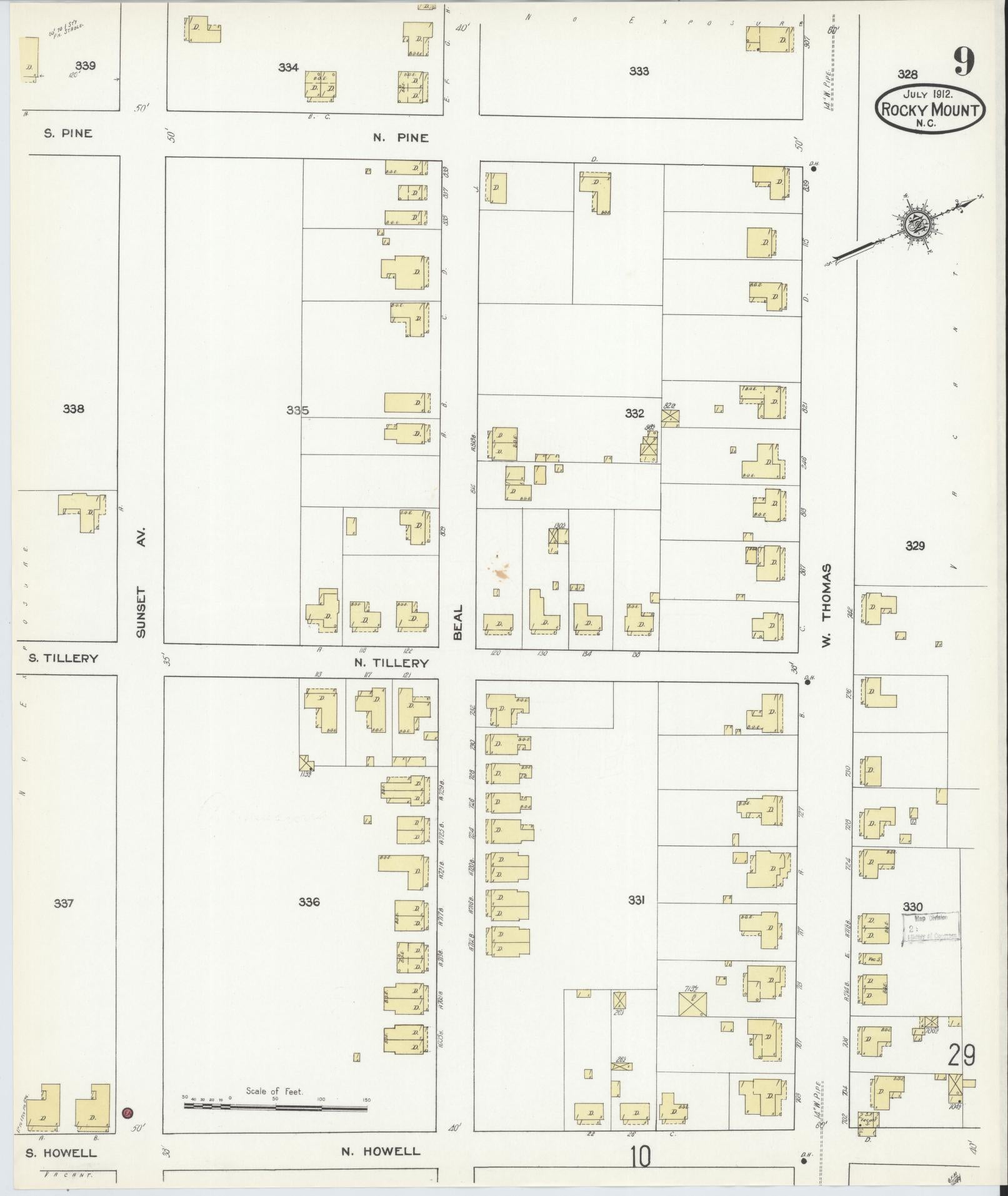 Sanborn Fire Insurance Map from Rocky Mount, Edgecombe And Nash Counties, North Carolina (1912), Sheet #0009 - Complete Map Set gallery image, historic Sanborn map, vintage wall art, North Carolina North Carolina