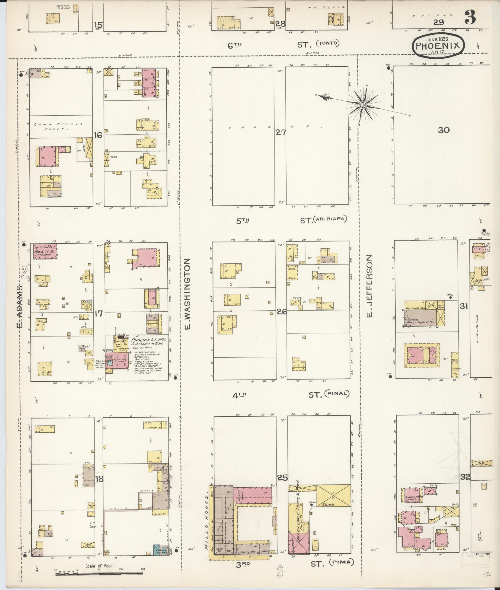 Sanborn Fire Insurance Map from Phoenix, Maricopa County, Arizona (1893), Sheet #0003 - Complete Map Set gallery image, historic Sanborn map, vintage wall art, Arizona Arizona