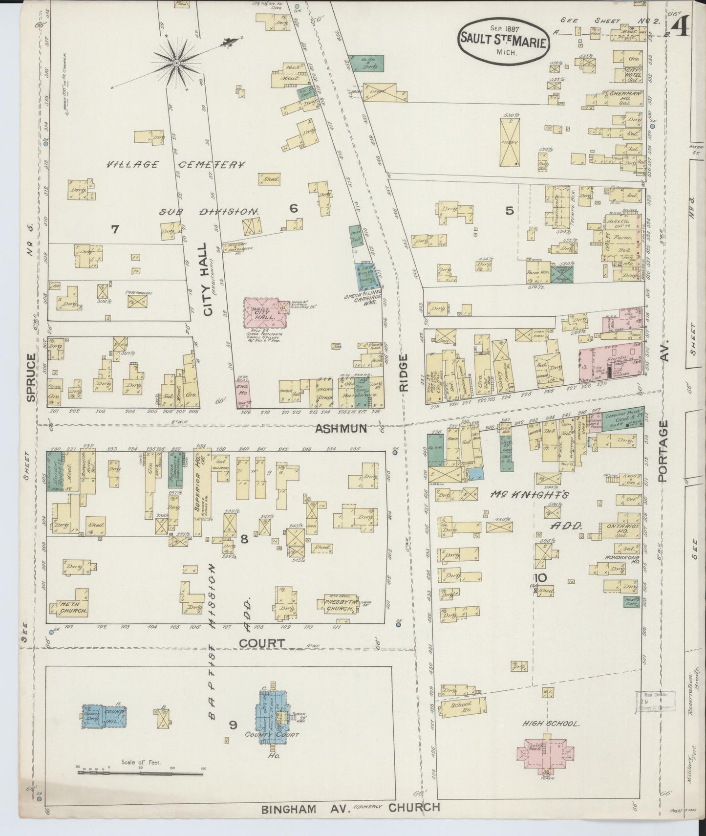 Sanborn Fire Insurance Map from Sault Sainte Marie, Chippewa County, Michigan (1887), Sheet #0004 - Complete Map Set gallery image, historic Sanborn map, vintage wall art, Michigan Michigan