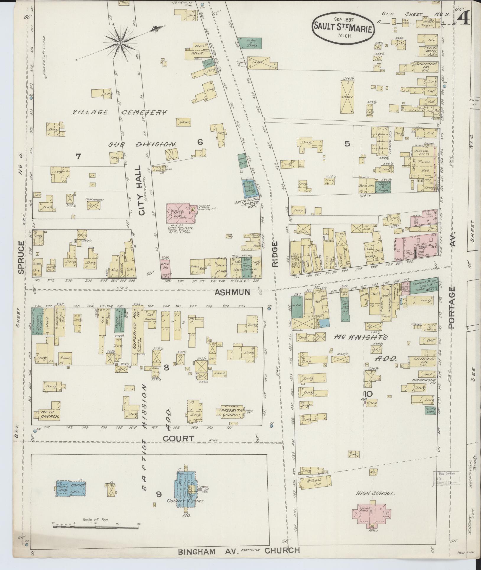 Sanborn Fire Insurance Map from Sault Sainte Marie, Chippewa County, Michigan (1887), Sheet #0004 - Complete Map Set gallery image, historic Sanborn map, vintage wall art, Michigan Michigan
