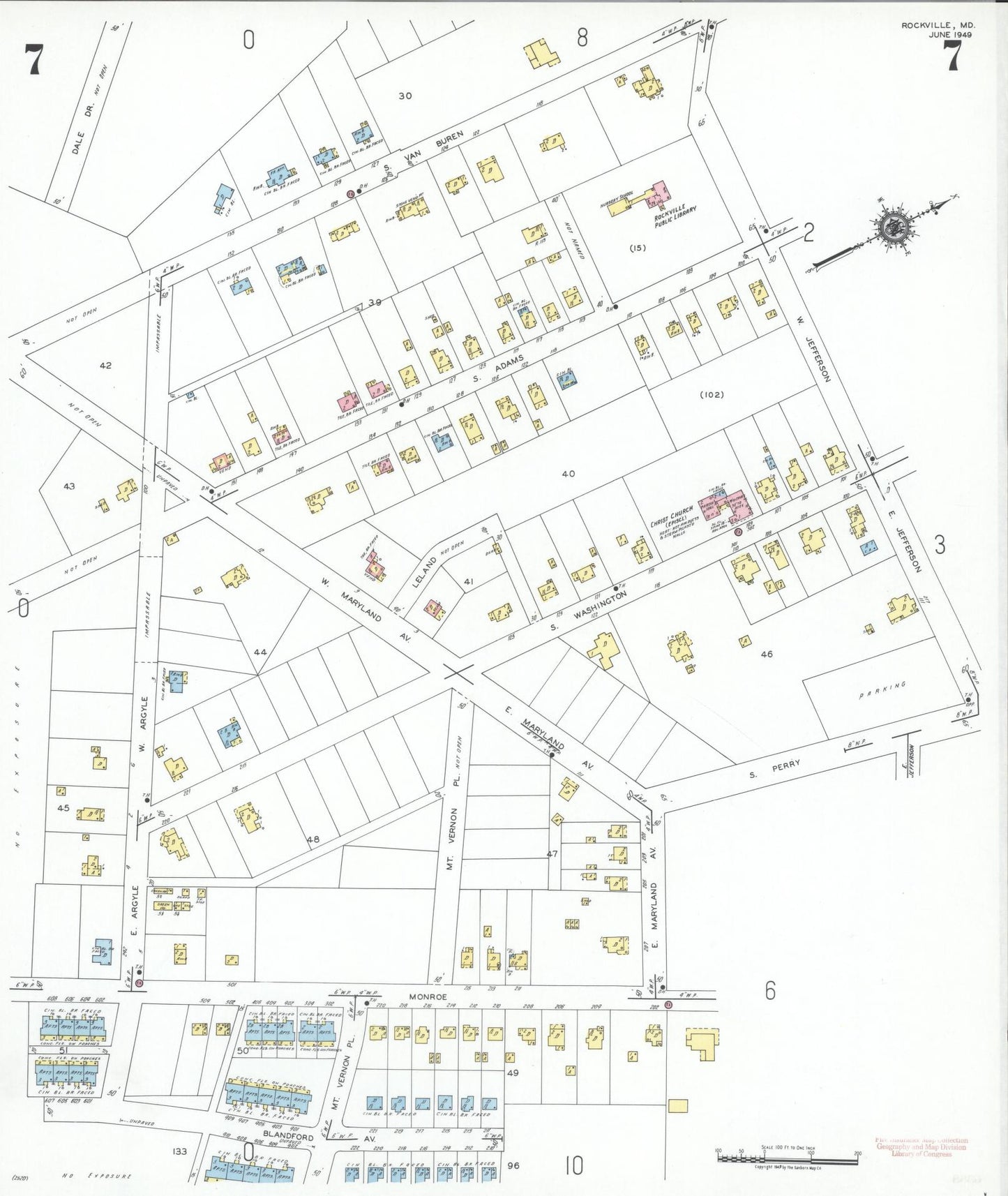 Sanborn Fire Insurance Map from Rockville, Montgomery County, Maryland (1949), Sheet #0007 - Historic Sanborn Fire Insurance Map Print, vintage old map wall art