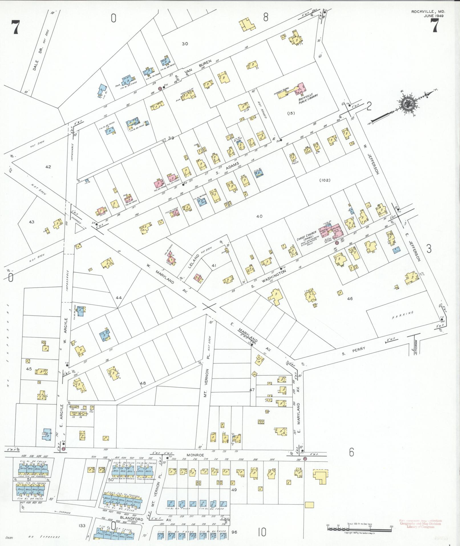 Sanborn Fire Insurance Map from Rockville, Montgomery County, Maryland (1949), Sheet #0007 - Historic Sanborn Fire Insurance Map Print, vintage old map wall art