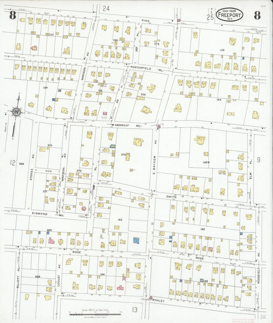 Sanborn Fire Insurance Map from Freeport, Nassau County, New York (1928), Sheet #0008 - Historic Sanborn Fire Insurance Map Print, vintage old map wall art, antique decor, genealogy gift, New York New York map