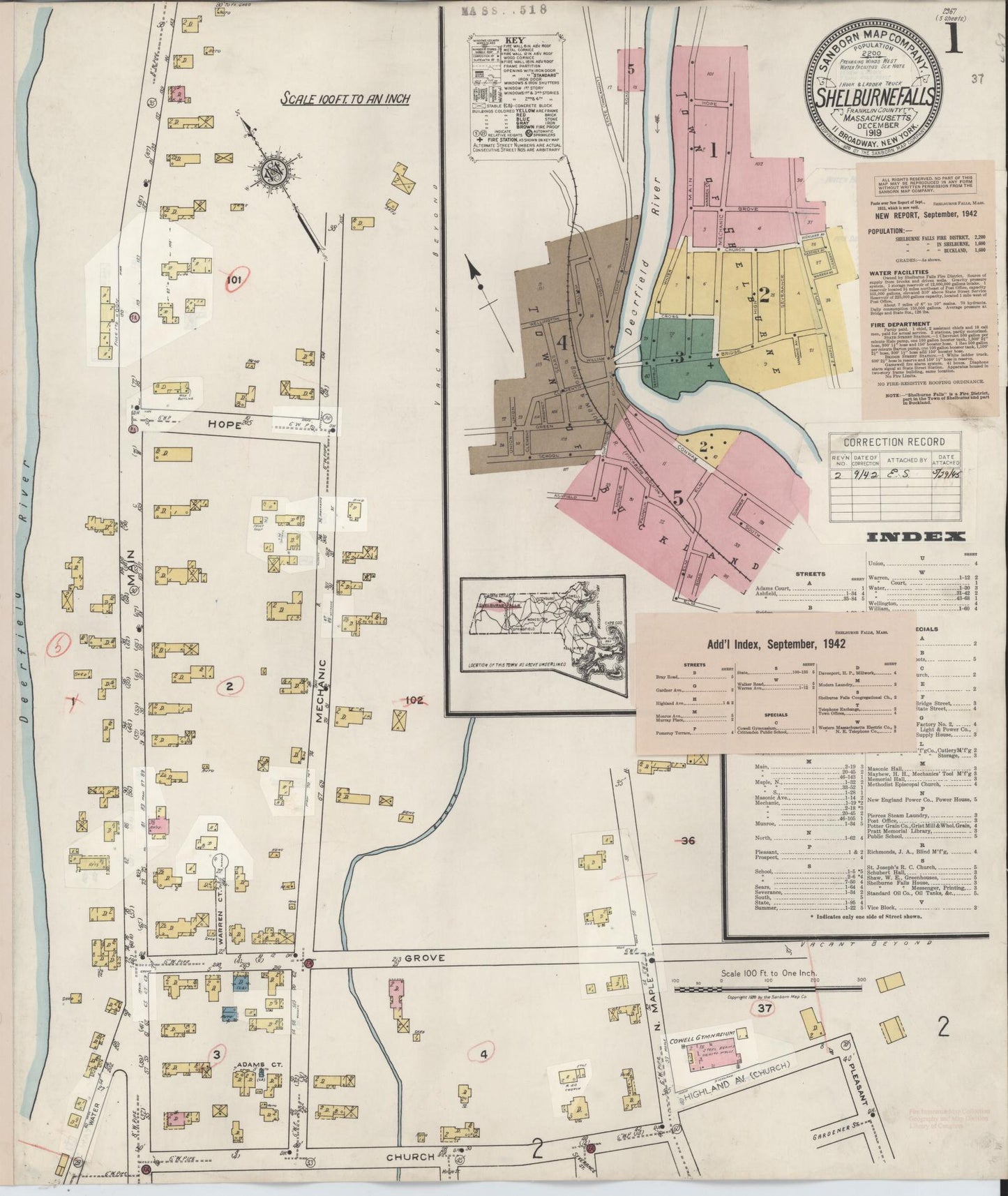 Sanborn Fire Insurance Map from Shelburne Falls, Franklin County, Massachusetts (1942), Sheet #0001 - Historic Sanborn Fire Insurance Map Print, vintage old map wall art, antique decor, genealogy gift, Massachusetts Massachusetts map