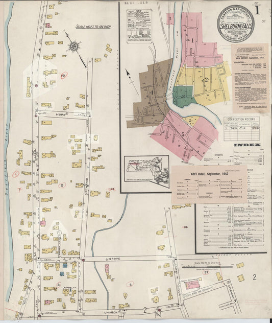 Sanborn Fire Insurance Map from Shelburne Falls, Franklin County, Massachusetts (1942), Sheet #0001 - Historic Sanborn Fire Insurance Map Print, vintage old map wall art, antique decor, genealogy gift, Massachusetts Massachusetts map
