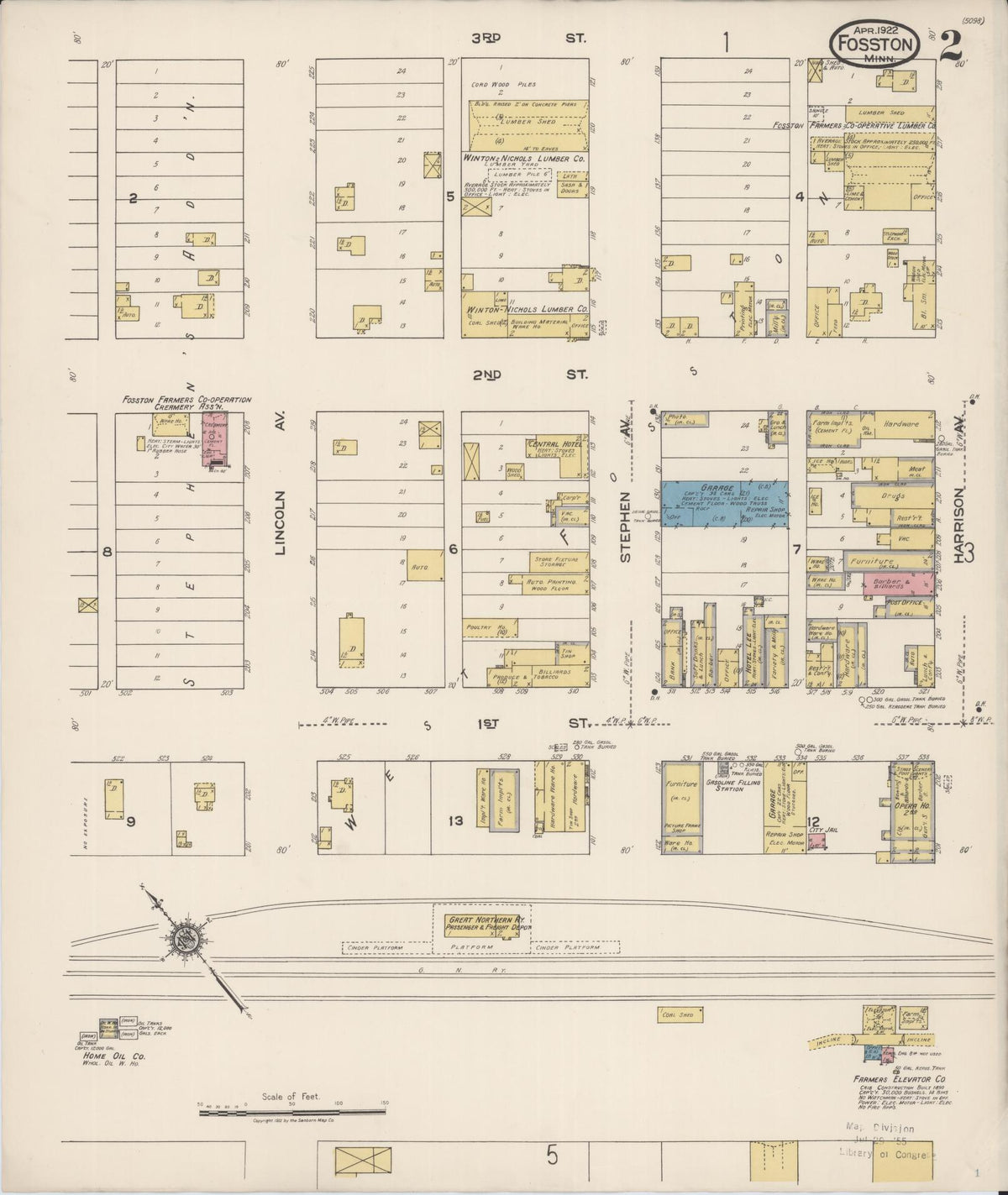 Sanborn Fire Insurance Map from Fosston, Polk County, Minnesota (1922), Sheet #0002 - Historic Sanborn Fire Insurance Map Print, vintage old map wall art, antique decor, genealogy gift, Minnesota Minnesota map