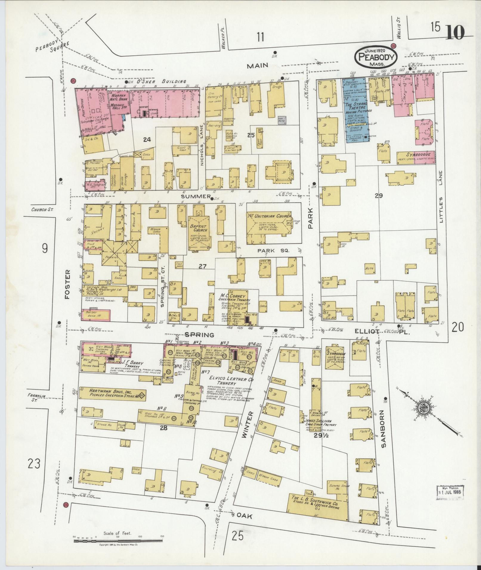 Sanborn Fire Insurance Map from Peabody, Essex County, Massachusetts (1920), Sheet #0010 - Historic Sanborn Fire Insurance Map Print, vintage old map wall art, antique decor, genealogy gift, Massachusetts Massachusetts map