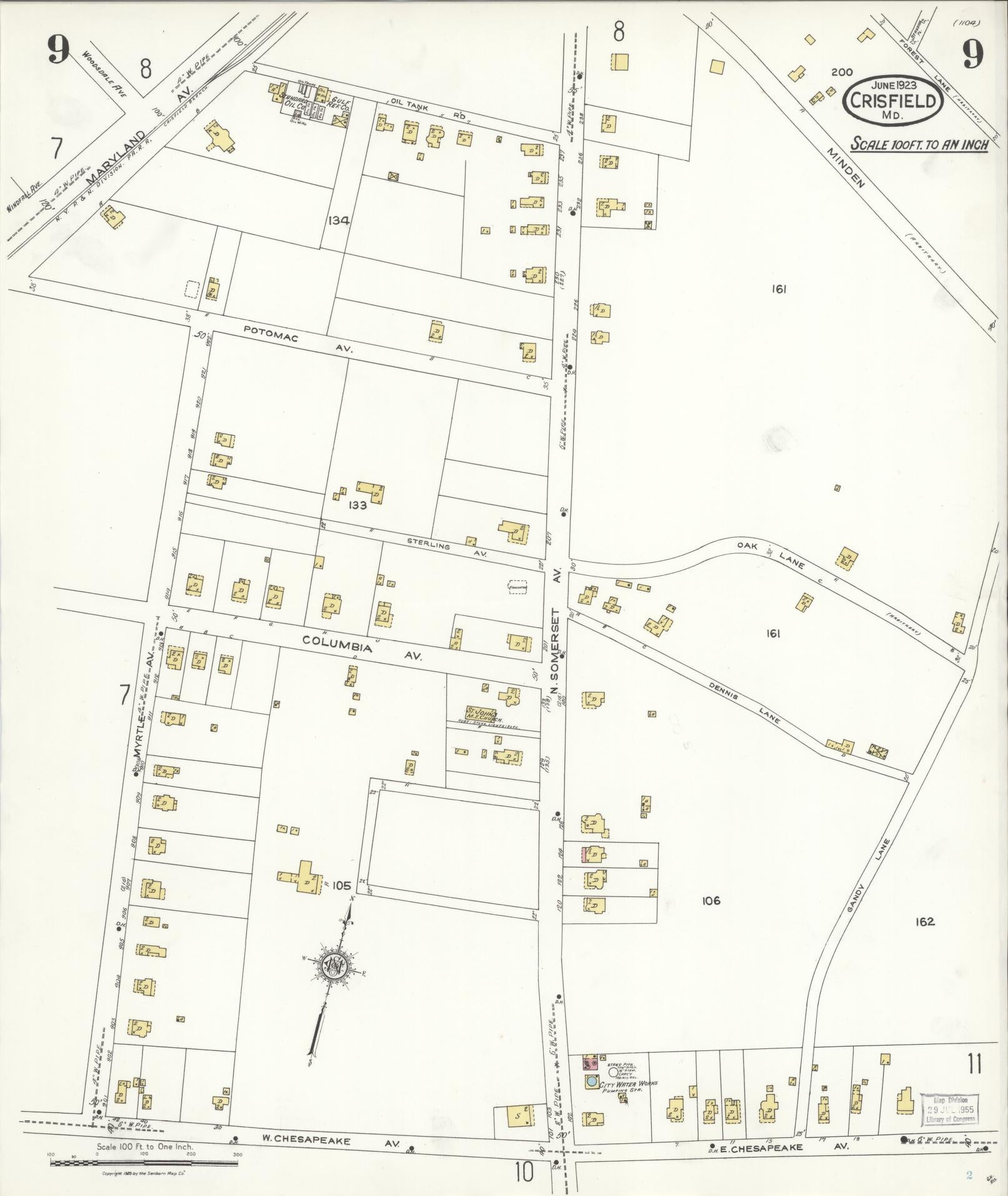 Sanborn Fire Insurance Map from Crisfield, Somerset County, Maryland (1923), Sheet #0009 - Historic Sanborn Fire Insurance Map Print, vintage old map wall art