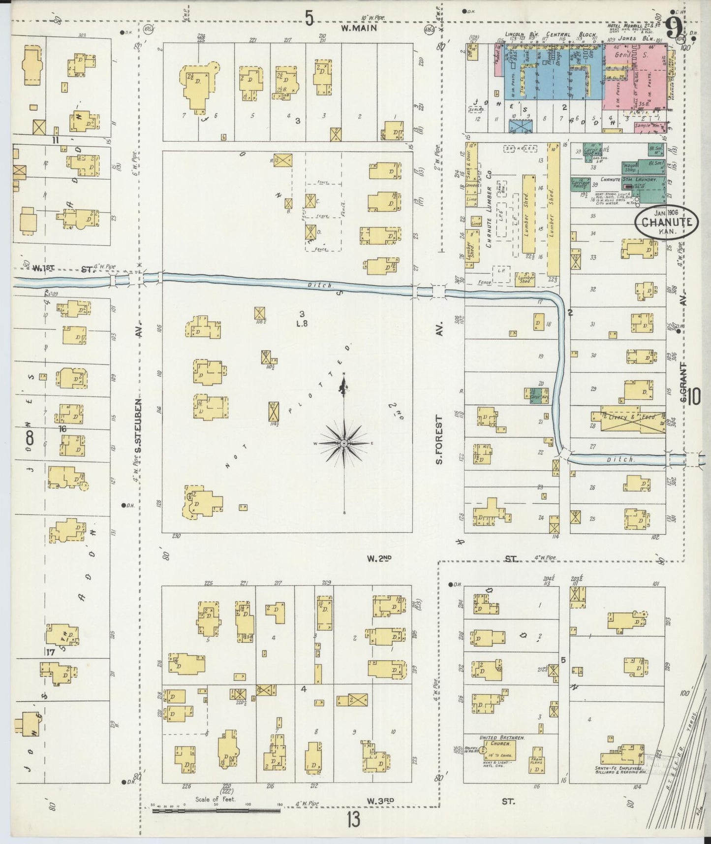 Sanborn Fire Insurance Map from Chanute, Neosho County, Kansas (1906), Sheet #0009 - Historic Sanborn Fire Insurance Map Print, vintage old map wall art, antique decor, genealogy gift, Kansas Kansas map