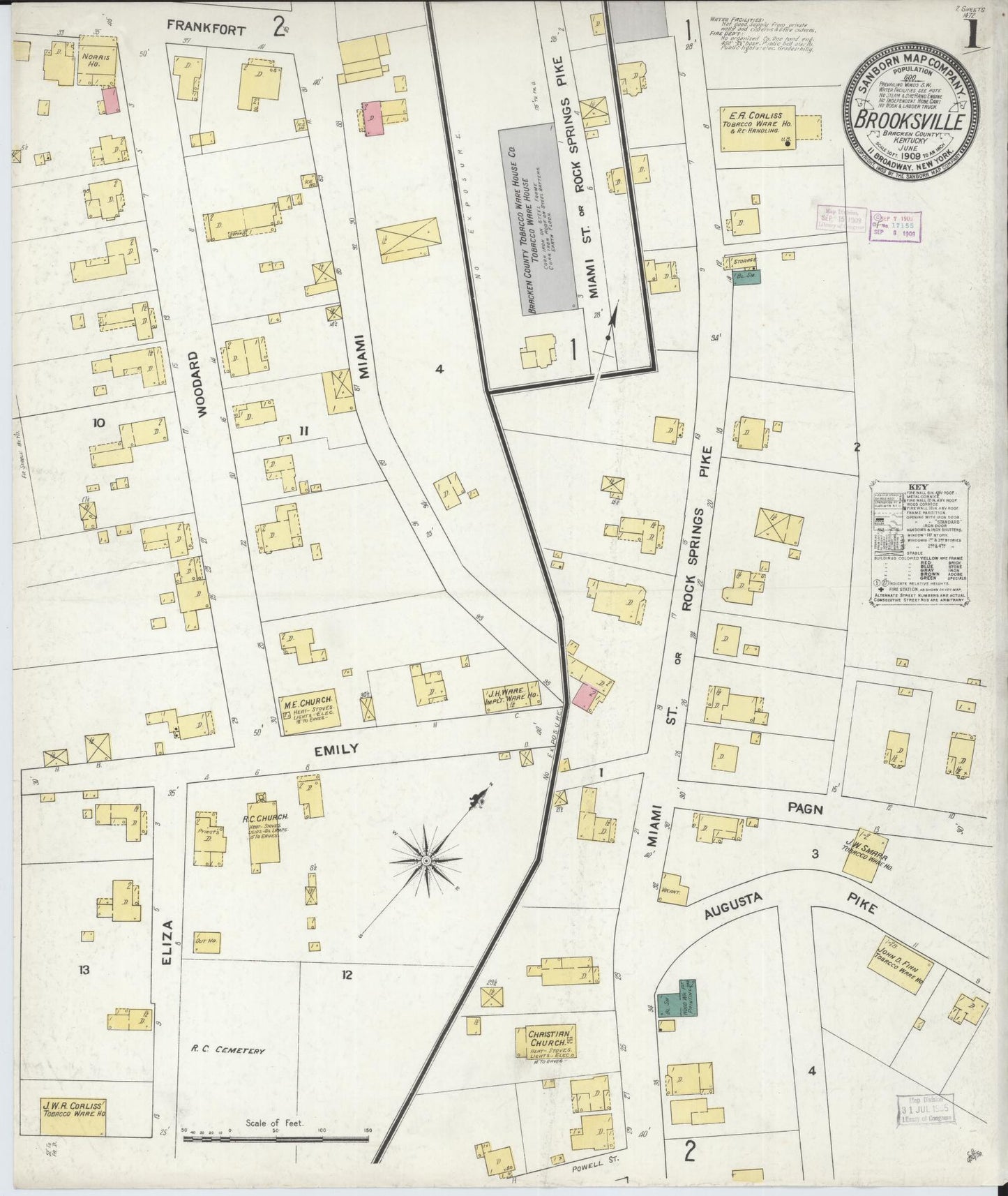 Sanborn Fire Insurance Map from Brooksville, Bracken County, Kentucky (1909), Sheet #0001 - Historic Sanborn Fire Insurance Map Print, vintage old map wall art, antique decor, genealogy gift, Kentucky Kentucky map