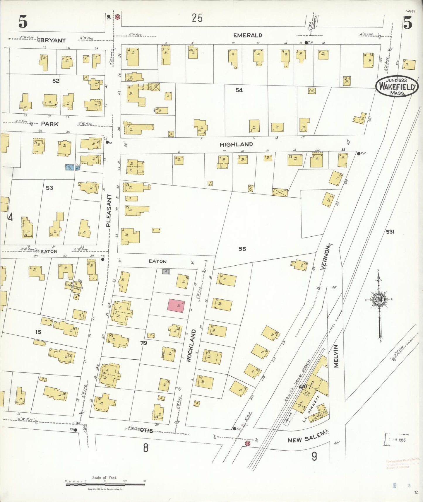 Sanborn Fire Insurance Map from Wakefield, Middlesex County, Massachusetts (1923), Sheet #0005 - Historic Sanborn Fire Insurance Map Print, vintage old map wall art, antique decor, genealogy gift, Massachusetts Massachusetts map