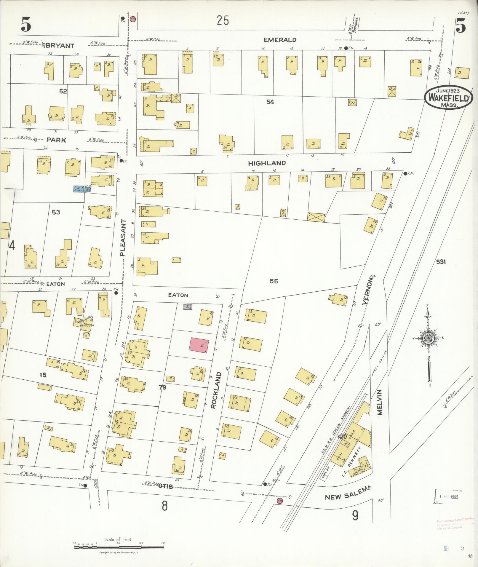 Sanborn Fire Insurance Map from Wakefield, Middlesex County, Massachusetts (1923), Sheet #0005 - Historic Sanborn Fire Insurance Map Print, vintage old map wall art, antique decor, genealogy gift, Massachusetts Massachusetts map