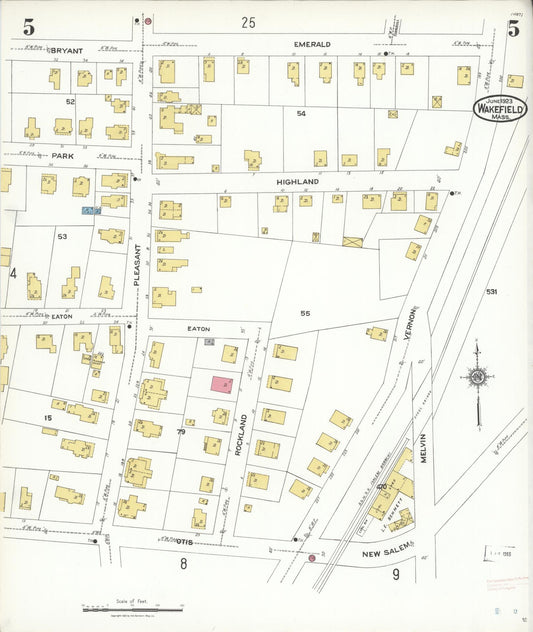 Sanborn Fire Insurance Map from Wakefield, Middlesex County, Massachusetts (1923), Sheet #0005 - Historic Sanborn Fire Insurance Map Print, vintage old map wall art, antique decor, genealogy gift, Massachusetts Massachusetts map