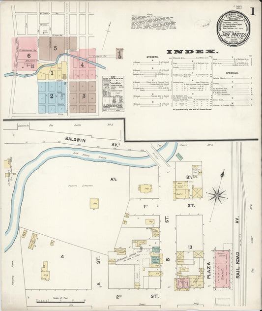 Sanborn Fire Insurance Map from San Mateo, San Mateo County, California (1891), Sheet #0001 - Complete Map Set gallery image, historic Sanborn map, vintage wall art, California California