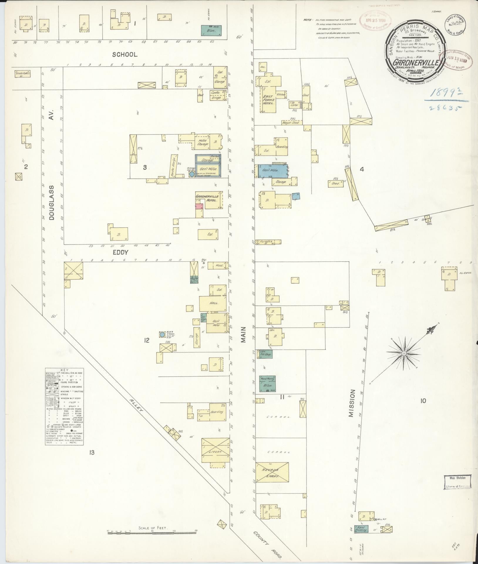 Sanborn Fire Insurance Map from Gardnerville, Douglas County, Nevada (1899), Sheet #0001 - Historic Sanborn Fire Insurance Map Print, vintage old map wall art, antique decor, genealogy gift, Nevada Nevada map