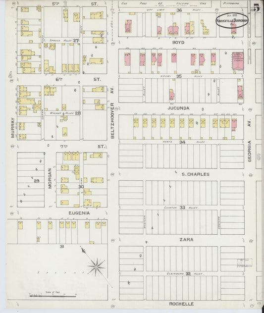 Sanborn Fire Insurance Map from Knoxville Borough, Allegheny County, Pennsylvania (1893), Sheet #0005 - Historic Sanborn Fire Insurance Map Print, vintage old map wall art, antique decor, genealogy gift, Pennsylvania Pennsylvania map