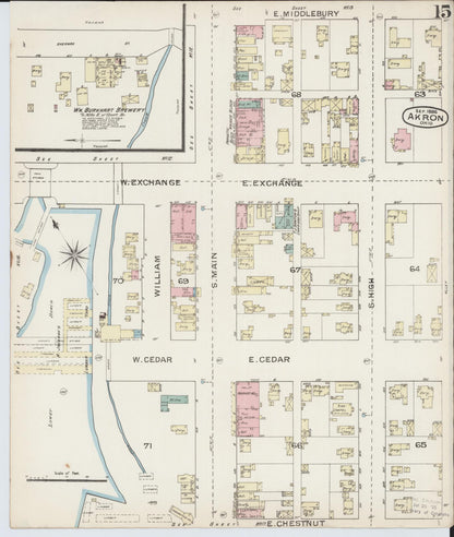 Sanborn Fire Insurance Map from Akron, Summit County, Ohio (1886), Sheet #0015 - Historic Sanborn Fire Insurance Map Print, vintage old map wall art, antique decor, genealogy gift, Ohio Ohio map