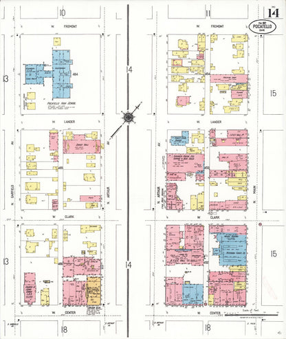 Sanborn Fire Insurance Map from Pocatello, Bannock County, Idaho (1921), Sheet #0014 - Complete Map Set gallery image, historic Sanborn map, vintage wall art, Idaho Idaho