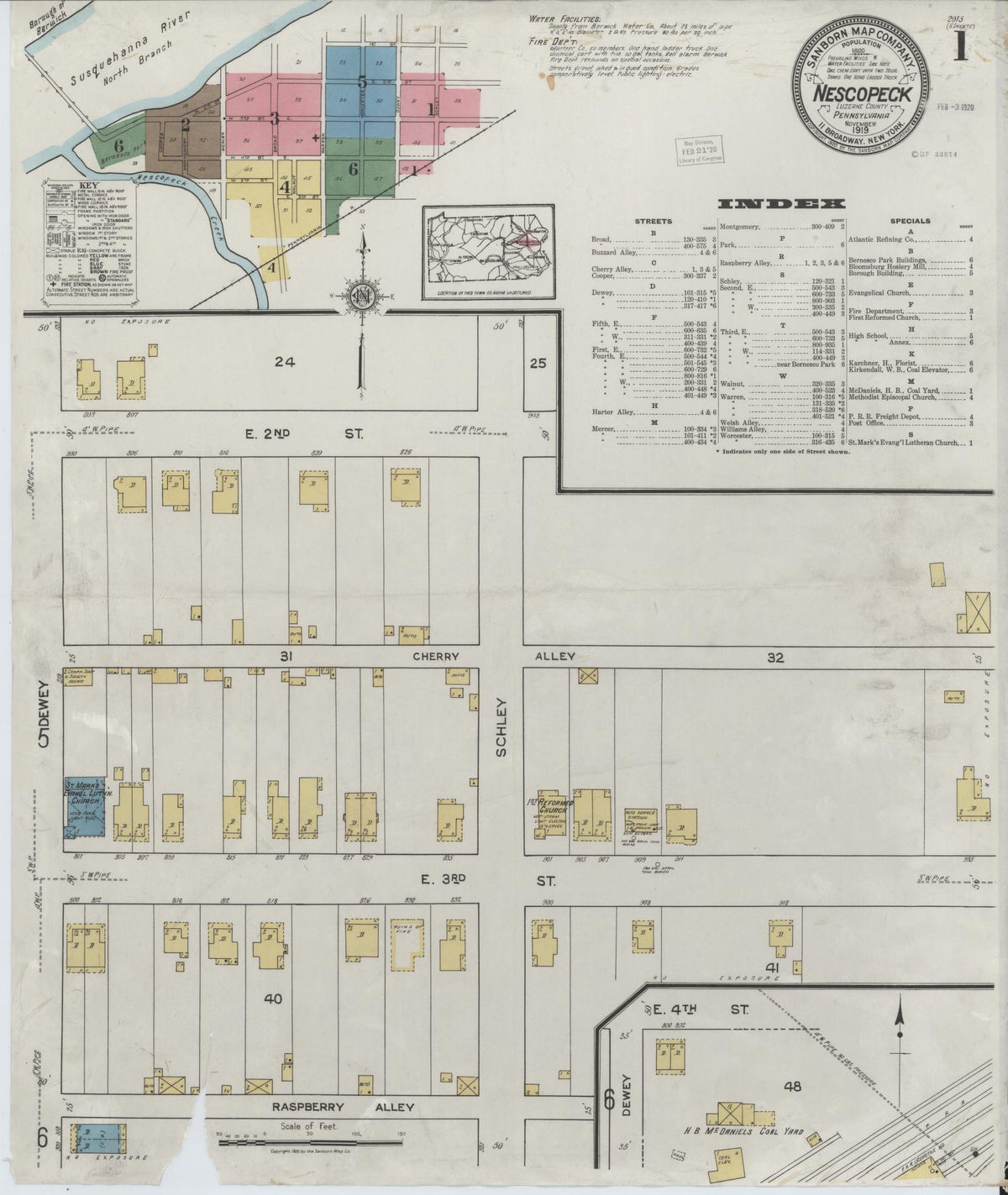 Sanborn Fire Insurance Map from Nescopeck, Luzerne County, Pennsylvania (1919), Sheet #0001 - Complete Map Set gallery image, historic Sanborn map, vintage wall art, Pennsylvania Pennsylvania