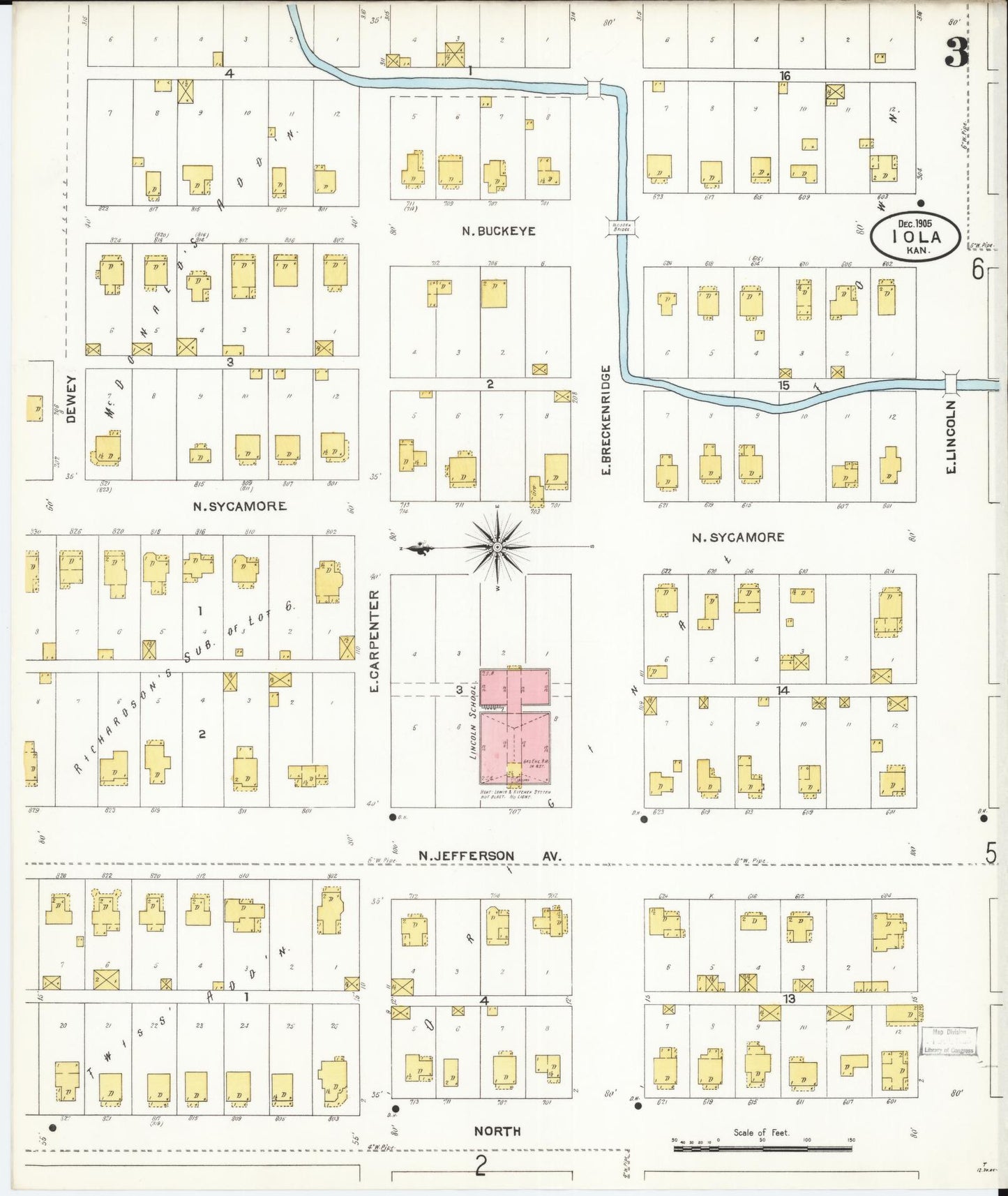 Sanborn Fire Insurance Map from Iola, Allen County, Kansas (1905), Sheet #0003 - Historic Sanborn Fire Insurance Map Print, vintage old map wall art, antique decor, genealogy gift, Kansas Kansas map