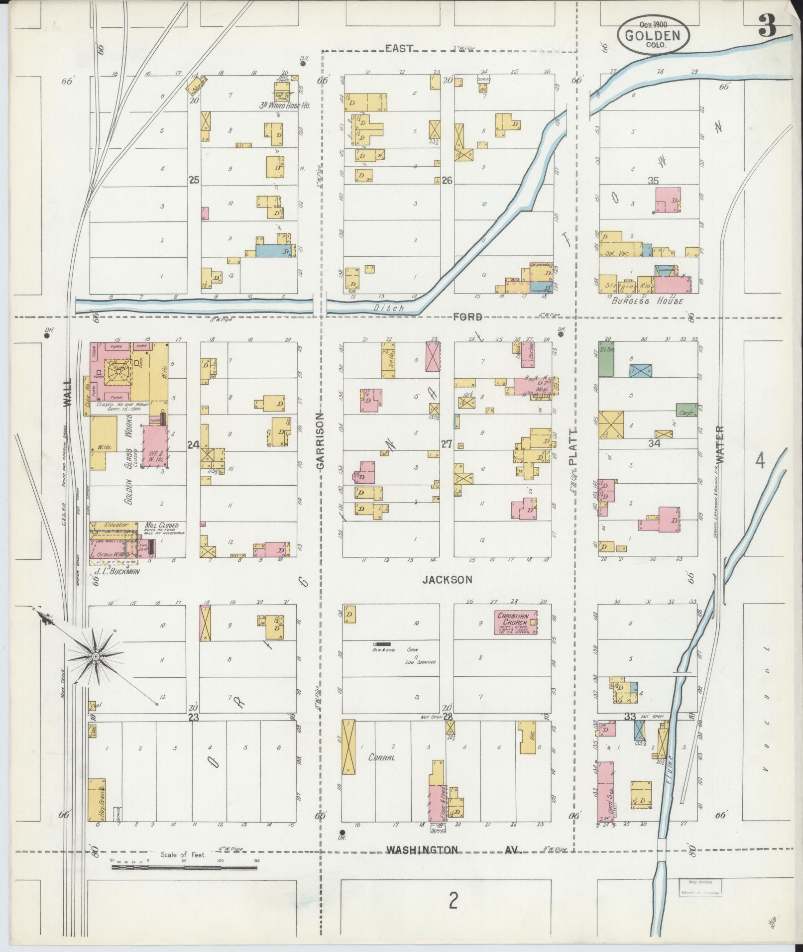 Sanborn Fire Insurance Map from Golden, Jefferson County, Colorado (1900), Sheet #0003 - Complete Map Set gallery image, historic Sanborn map, vintage wall art, Colorado Colorado