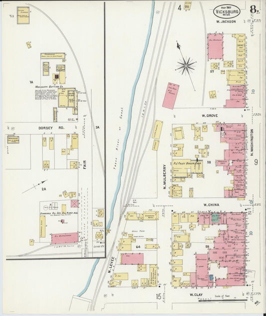 Sanborn Fire Insurance Map from Vicksburg, Warren County, Mississippi (1907), Sheet #0008 - Historic Sanborn Fire Insurance Map Print, vintage old map wall art, antique decor, genealogy gift, Mississippi Mississippi map
