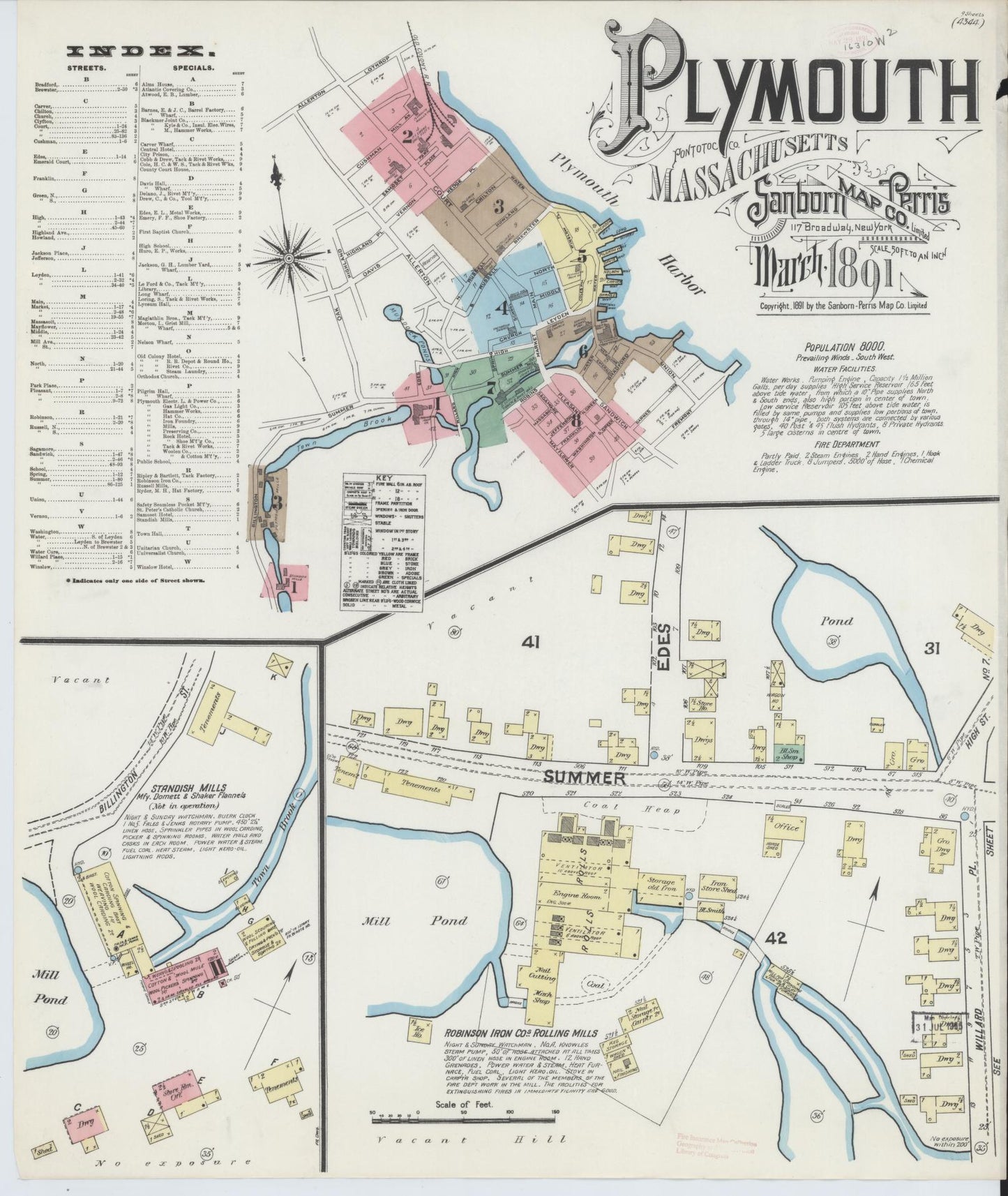 Sanborn Fire Insurance Map from Plymouth, Plymouth County, Massachusetts (1891), Sheet #0001 - Historic Sanborn Fire Insurance Map Print, vintage old map wall art, antique decor, genealogy gift, Massachusetts Massachusetts map