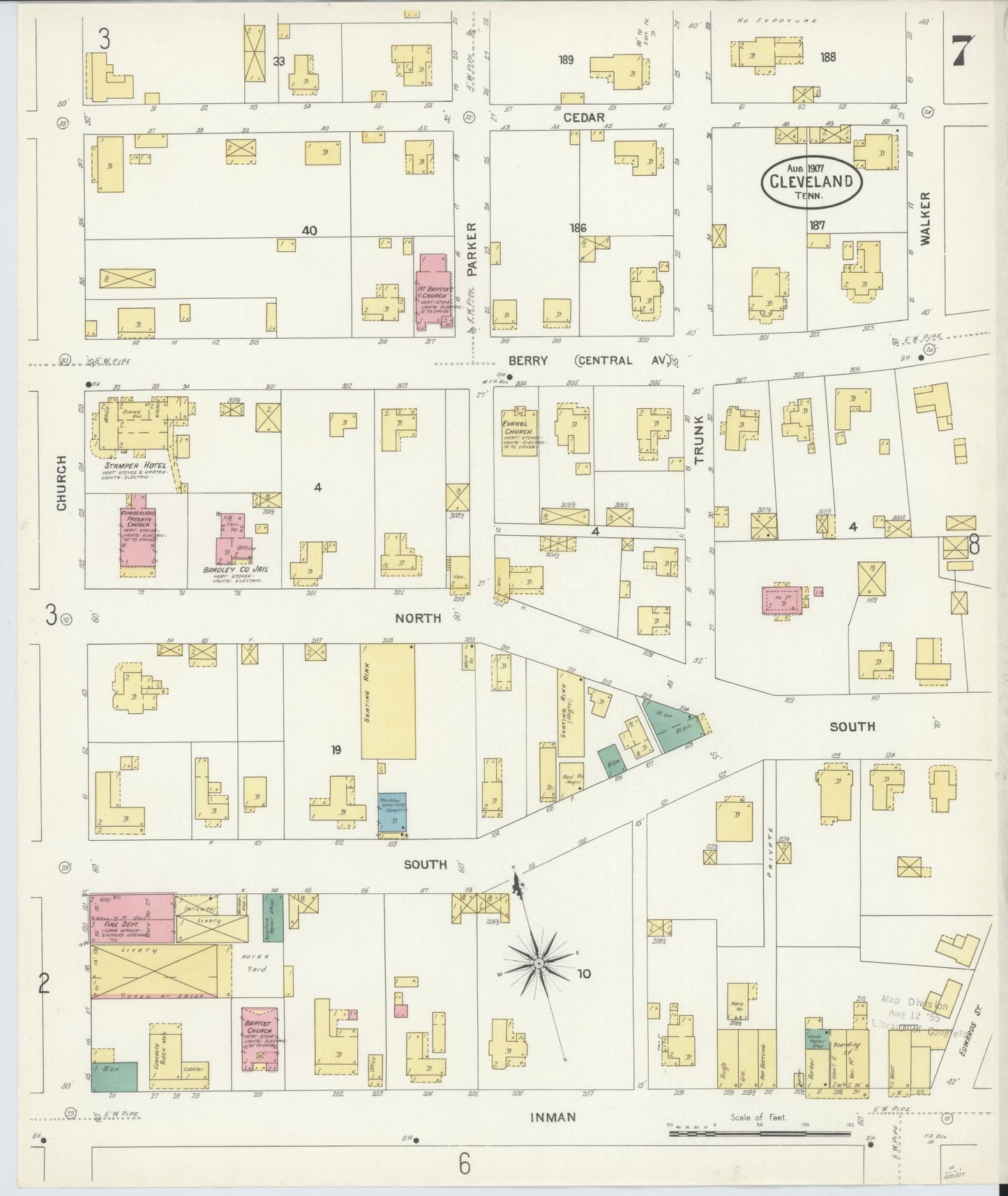 Sanborn Fire Insurance Map from Cleveland, Bradley County, Tennessee (1907), Sheet #0007 - Complete Map Set gallery image, historic Sanborn map, vintage wall art, Tennessee Tennessee