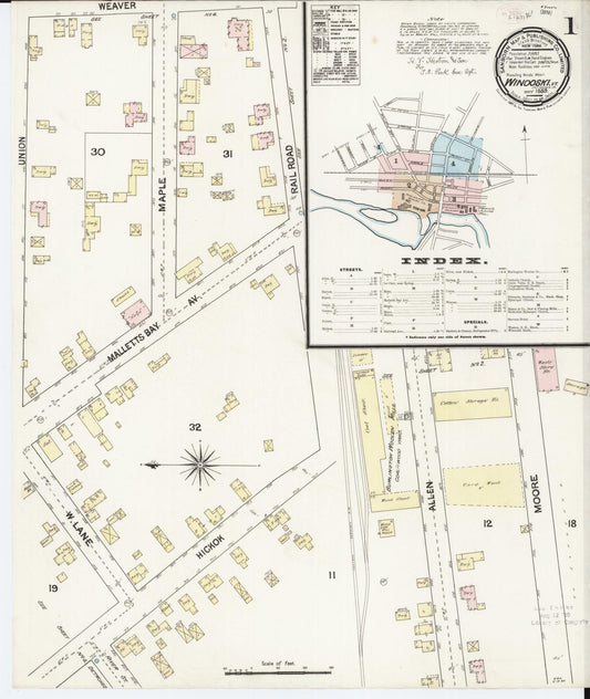 Sanborn Fire Insurance Map from Winooski, Chittenden County, Vermont (1889), Sheet #0001 - Historic Sanborn Fire Insurance Map Print, vintage old map wall art, antique decor, genealogy gift, Vermont Vermont map