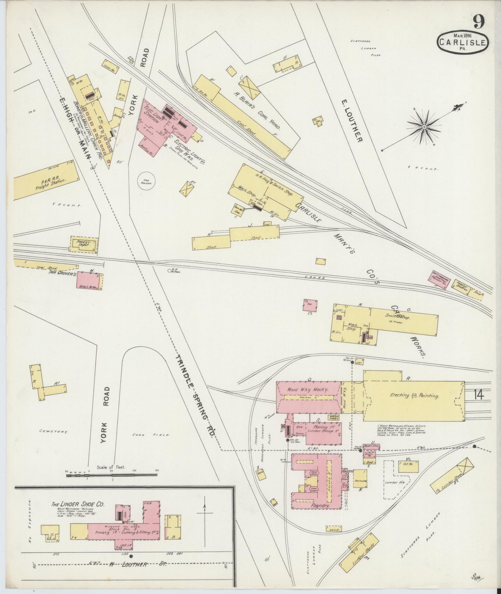Sanborn Fire Insurance Map from Carlisle, Cumberland County, Pennsylvania (1896), Sheet #0009 - Historic Sanborn Fire Insurance Map Print, vintage old map wall art, antique decor, genealogy gift, Pennsylvania Pennsylvania map