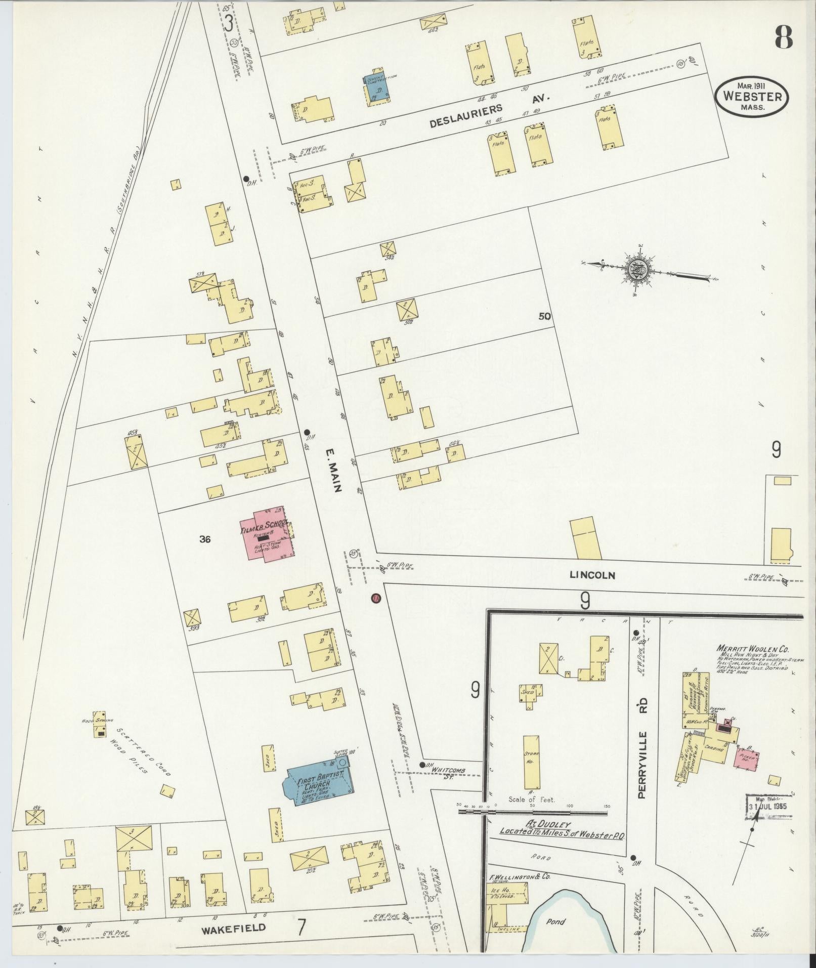 Sanborn Fire Insurance Map from Webster, Worcester County, Massachusetts (1911), Sheet #0008 - Historic Sanborn Fire Insurance Map Print, vintage old map wall art, antique decor, genealogy gift, Massachusetts Massachusetts map