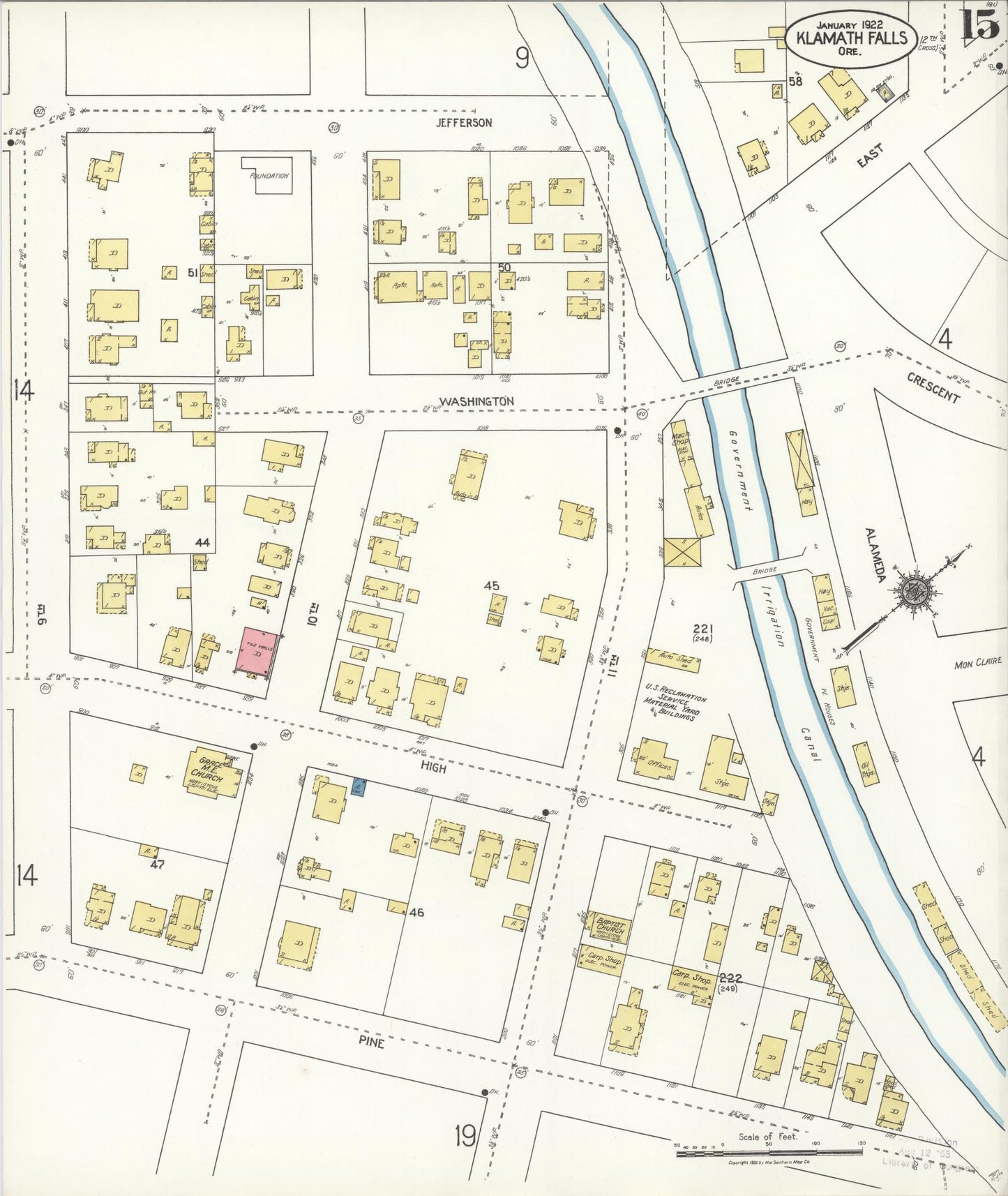 Sanborn Fire Insurance Map from Klamath Falls, Klamath County, Oregon (1921), Sheet #0015 - Historic Sanborn Fire Insurance Map Print, vintage old map wall art, antique decor, genealogy gift, Oregon Oregon map