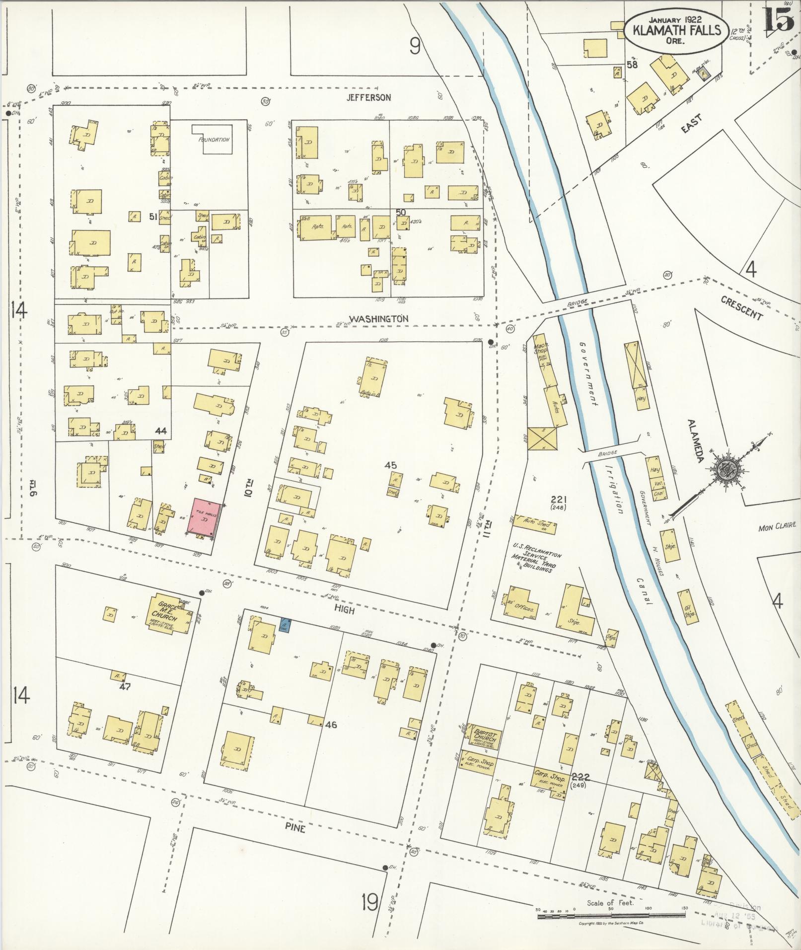 Sanborn Fire Insurance Map from Klamath Falls, Klamath County, Oregon (1921), Sheet #0015 - Historic Sanborn Fire Insurance Map Print, vintage old map wall art, antique decor, genealogy gift, Oregon Oregon map