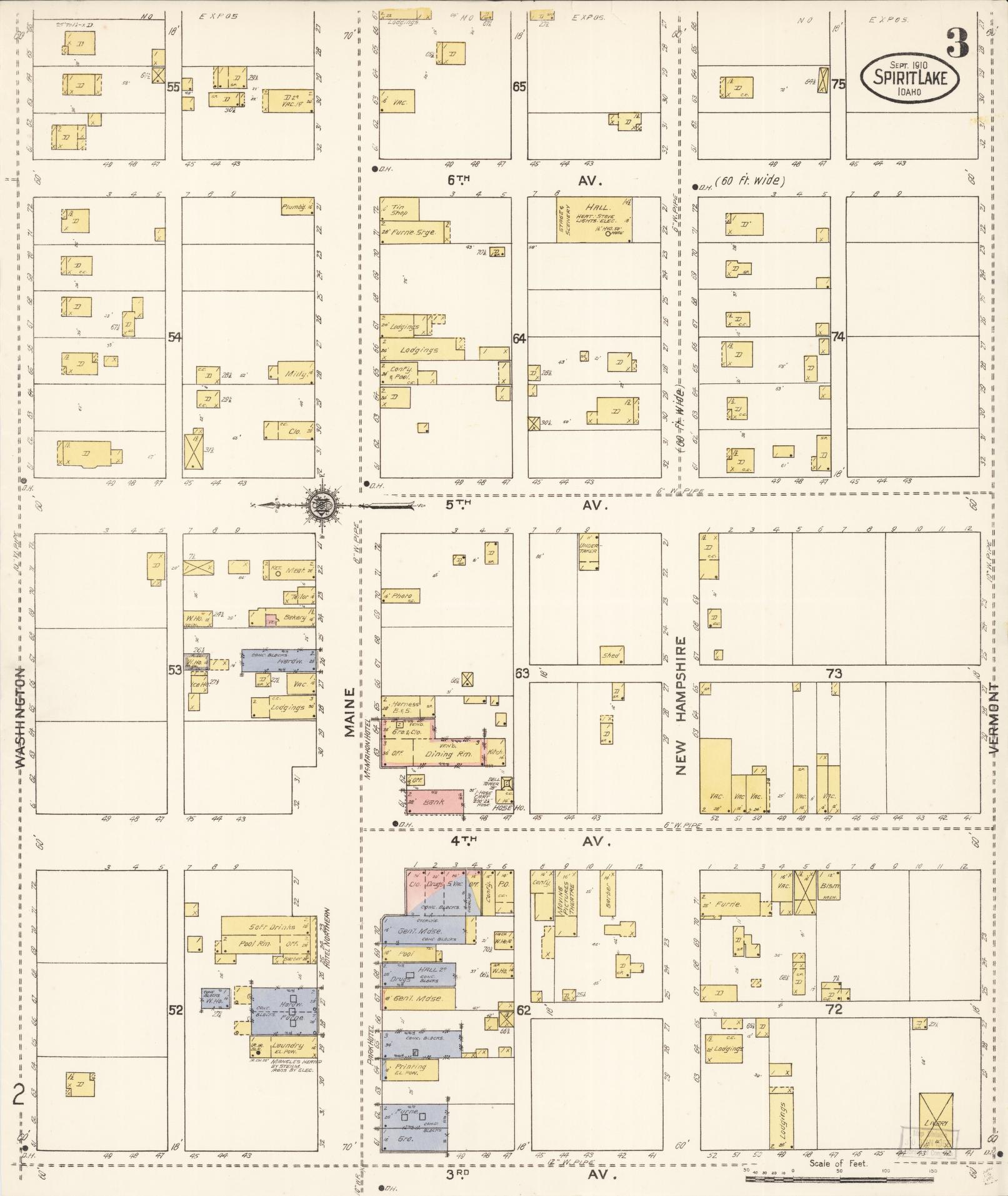 Sanborn Fire Insurance Map from Spirit Lake, Kootenai County, Idaho (1910), Sheet #0003 - Complete Map Set gallery image, historic Sanborn map, vintage wall art, Idaho Idaho