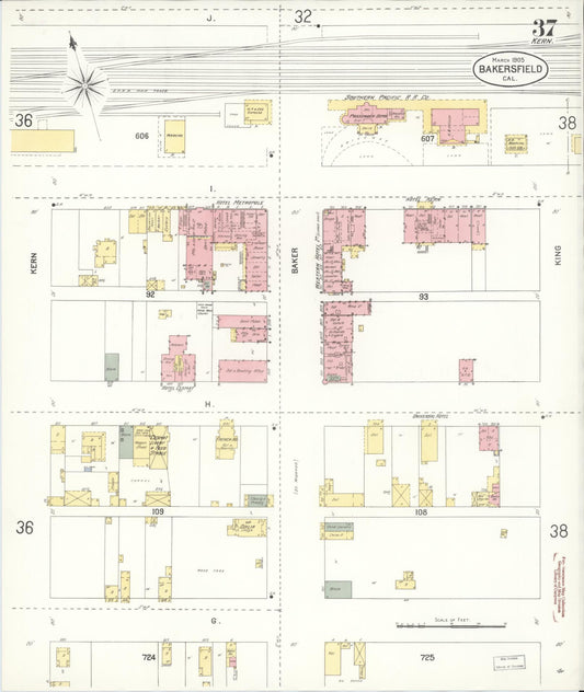 Sanborn Fire Insurance Map from Bakersfield, Kern County, California (1905), Sheet #0037 - Historic Sanborn Fire Insurance Map Print, vintage old map wall art, antique decor, genealogy gift, California California map