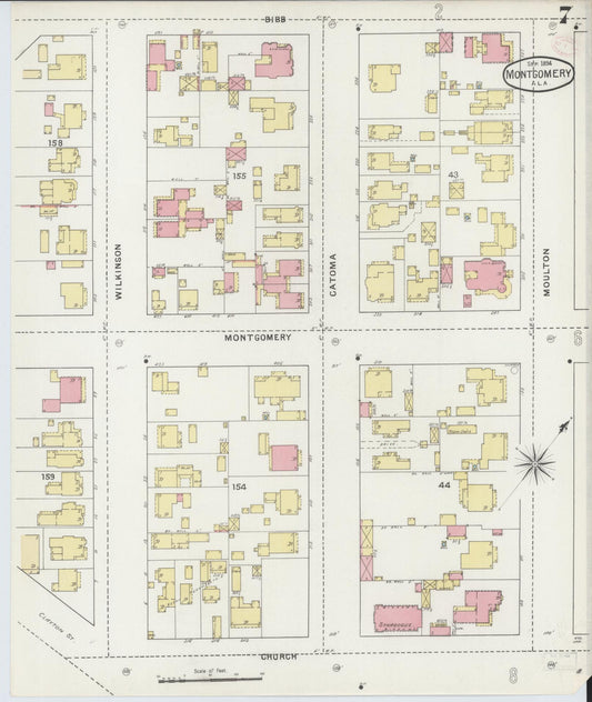 Sanborn Fire Insurance Map from Montgomery, Montgomery County, Alabama (1894), Sheet #0007 - Historic Sanborn Fire Insurance Map Print, vintage old map wall art, antique decor, genealogy gift, Alabama Alabama map