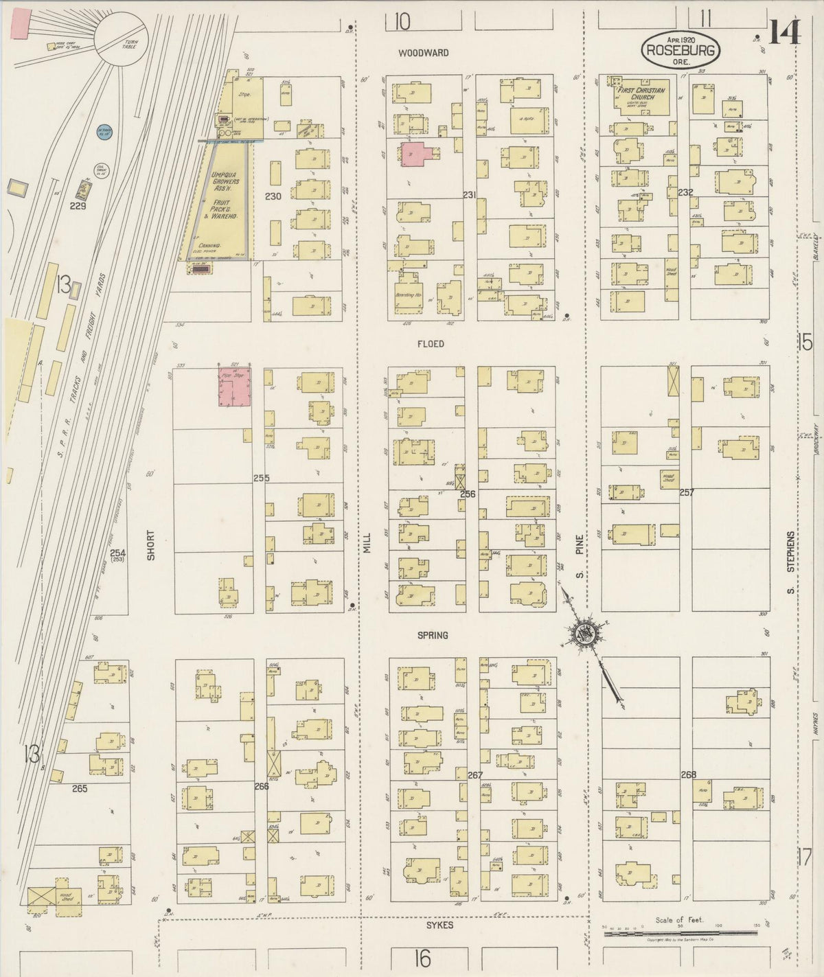 Sanborn Fire Insurance Map from Roseburg, Douglas County, Oregon (1920), Sheet #0014 - Historic Sanborn Fire Insurance Map Print, vintage old map wall art, antique decor, genealogy gift, Oregon Oregon map