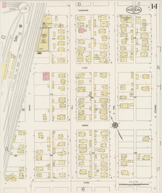 Sanborn Fire Insurance Map from Roseburg, Douglas County, Oregon (1920), Sheet #0014 - Historic Sanborn Fire Insurance Map Print, vintage old map wall art, antique decor, genealogy gift, Oregon Oregon map