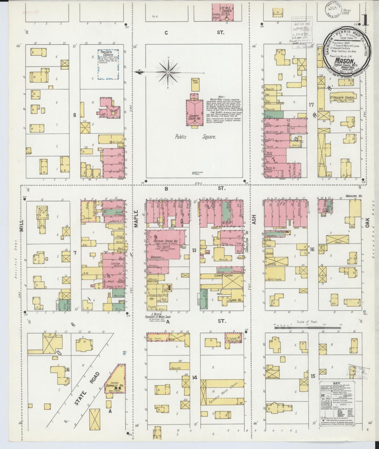 Sanborn Fire Insurance Map from Mason, Ingham County, Michigan (1900), Sheet #0001 - Complete Map Set gallery image, historic Sanborn map, vintage wall art, Michigan Michigan