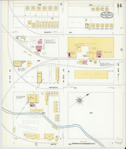 Sanborn Fire Insurance Map from Bessemer, Jefferson County, Alabama (1908), Sheet #0014 - Complete Map Set gallery image, historic Sanborn map, vintage wall art, Alabama Alabama