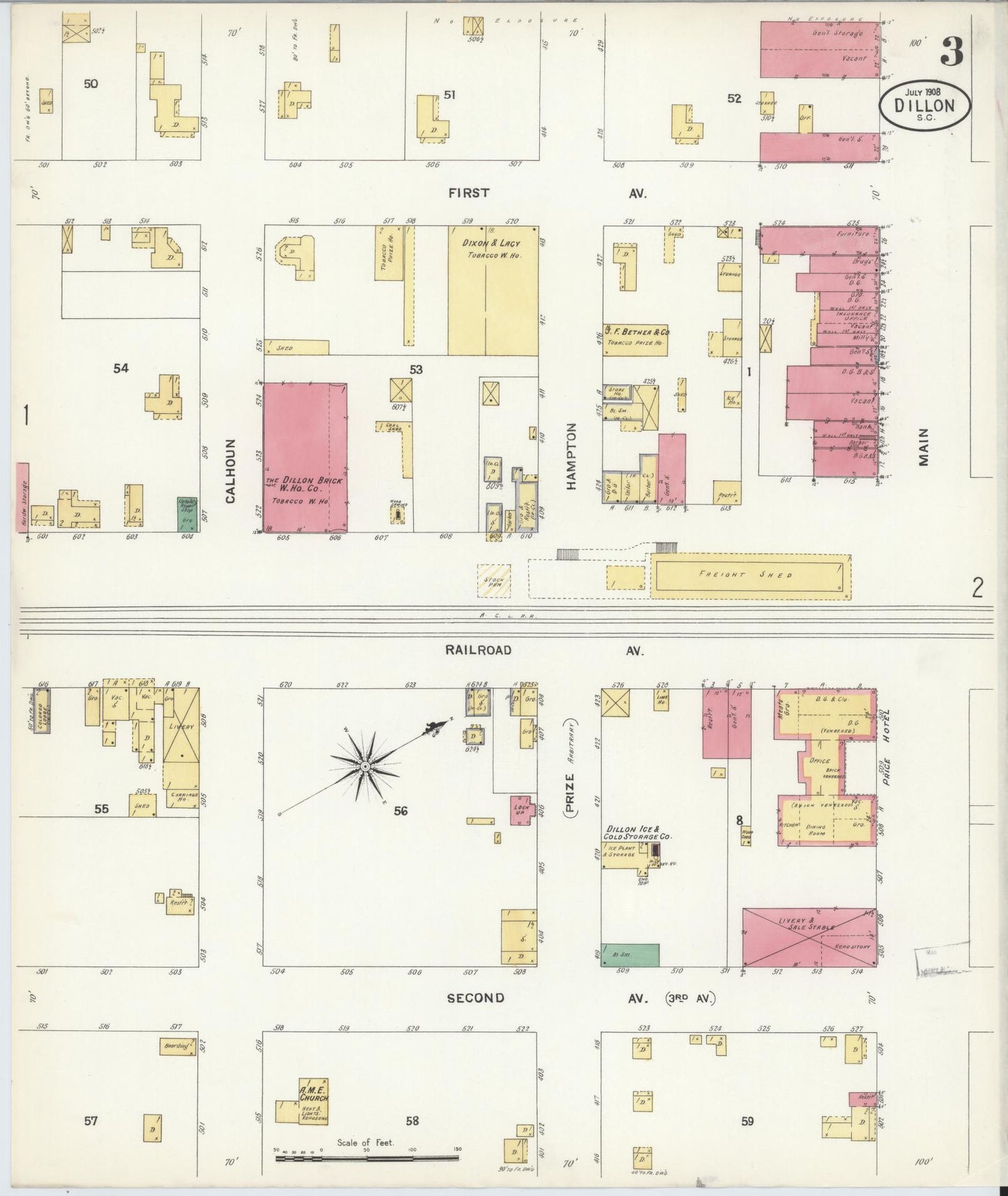 Sanborn Fire Insurance Map from Dillon, Dillon County, South Carolina (1908), Sheet #0003 - Complete Map Set gallery image, historic Sanborn map, vintage wall art, South Carolina South Carolina