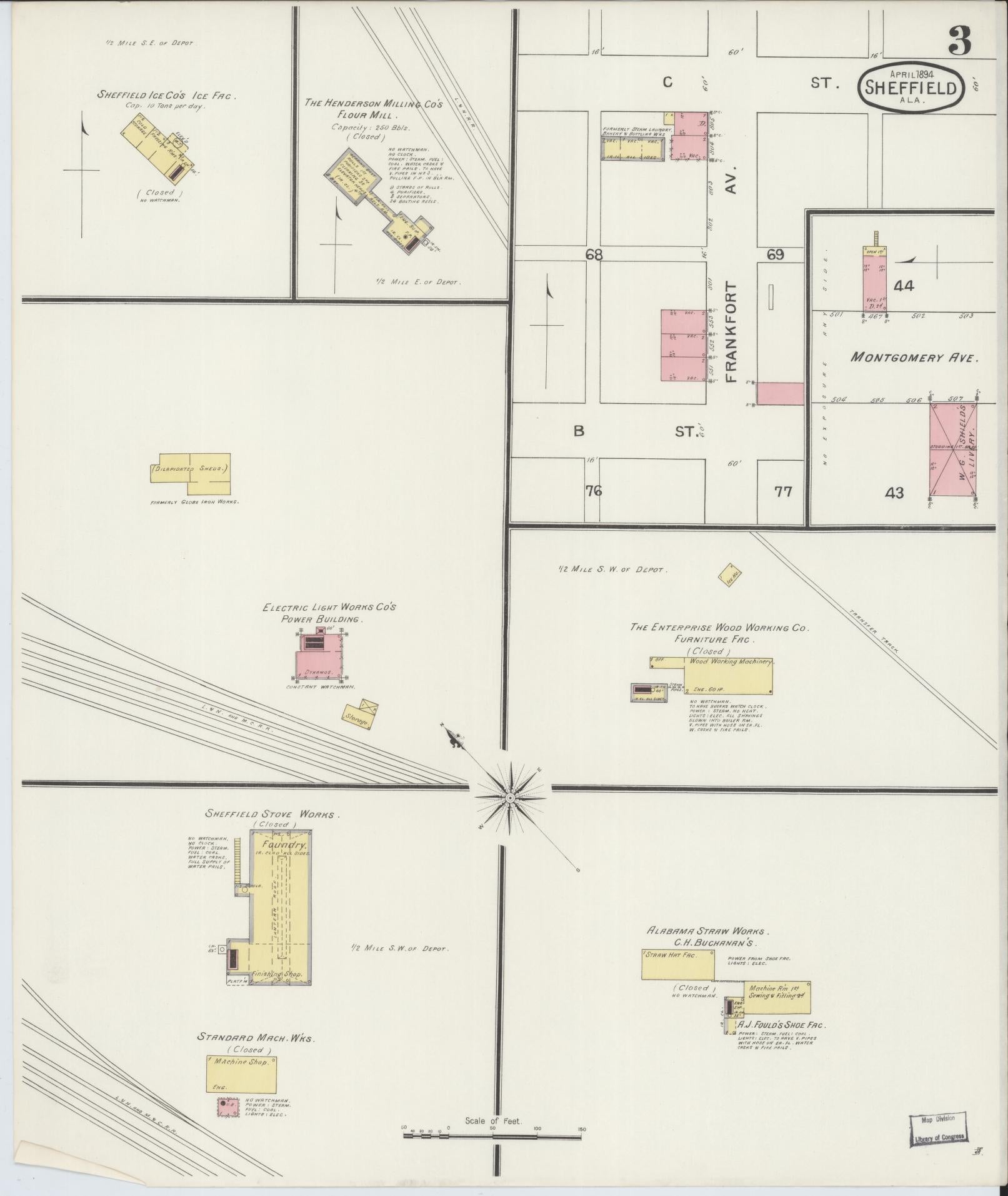 Sanborn Fire Insurance Map from Sheffield, Colbert County, Alabama (1894), Sheet #0003 - Historic Sanborn Fire Insurance Map Print, vintage old map wall art, antique decor, genealogy gift, Alabama Alabama map