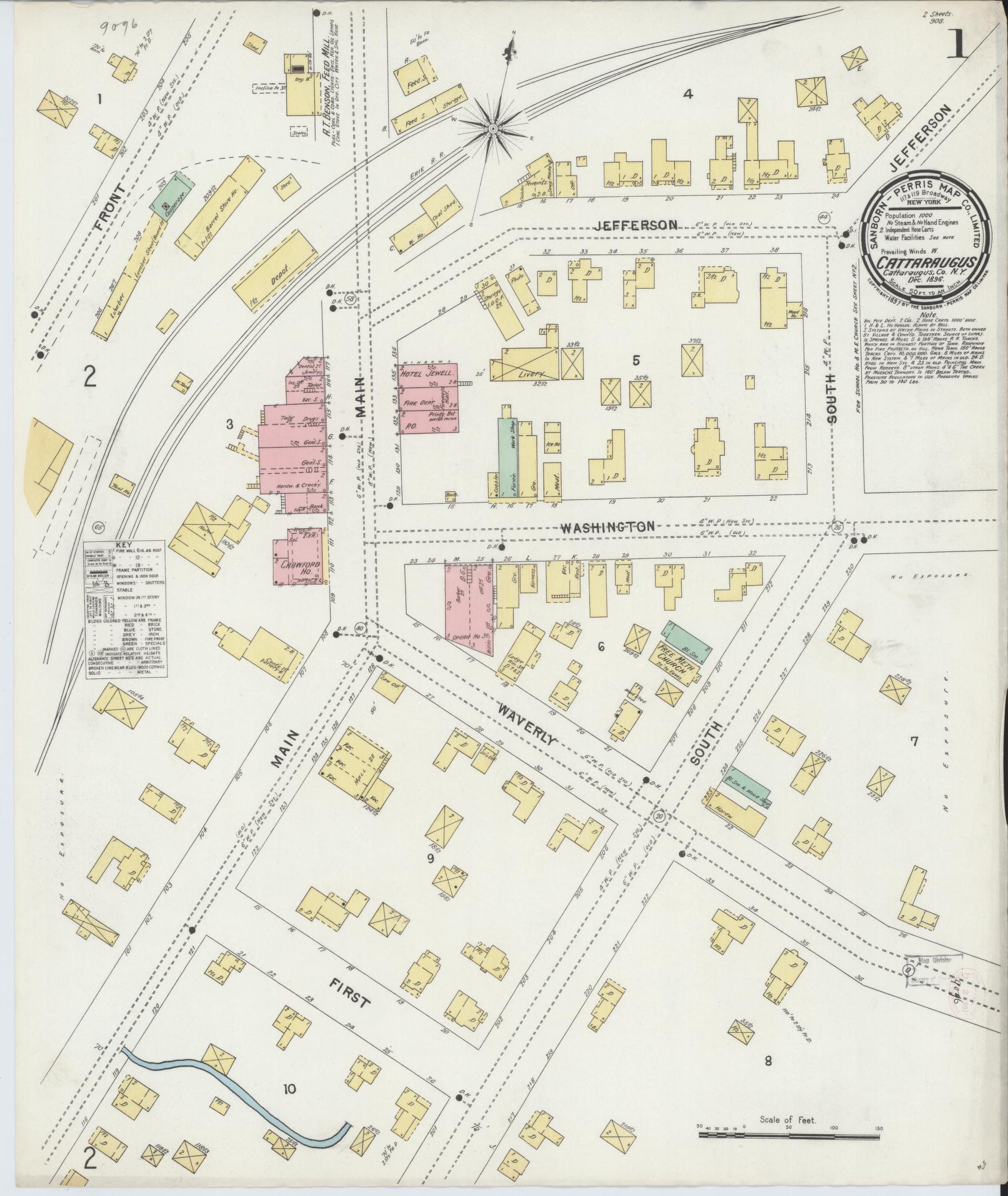 Sanborn Fire Insurance Map from Cattaraugus, Cattaraugus County, New York (1896), Sheet #0001 - Historic Sanborn Fire Insurance Map Print, vintage old map wall art, antique decor, genealogy gift, New York New York map